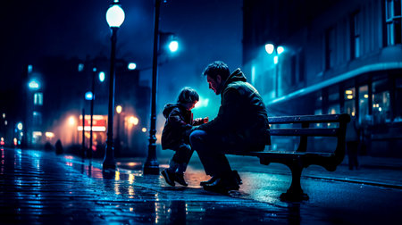 Man and child sitting on bench in the rain at night. Generative AI.の素材