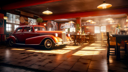 Red car parked in garage next to wooden table and chairs. Generative AI.の素材
