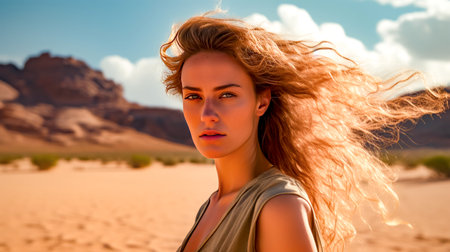 Woman with long hair standing in the sand with mountains in the background. Generative AI.の素材