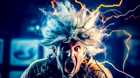 Man with crazy look on his face and his hair blowing in the wind. Generative AI.の素材