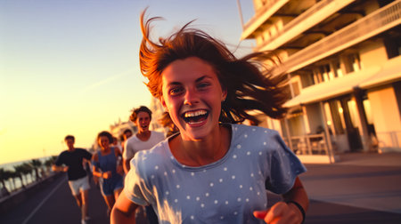 Group of people running down street with buildings in the back ground. Generative AI.の素材