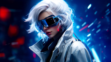 Woman with white hair wearing sunglasses and white jacket with blue background. Generative AI.の素材