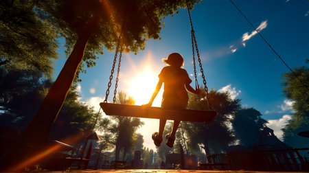 Little girl sitting on swing in park with the sun behind her. Generative AI.の素材