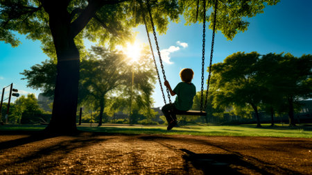 Little boy sitting on swing in park with the sun shining through the trees. Generative AI.の素材