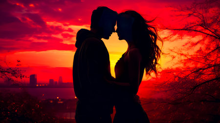 Silhouette of man and woman kissing in front of sunset. Generative AI.の素材