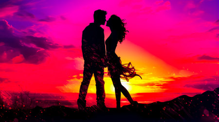 Silhouette of man and woman kissing in front of sunset. Generative AI.の素材