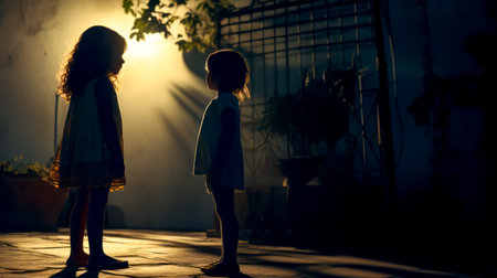 Couple of kids standing next to each other in room with light shining on them. Generative AI.の素材