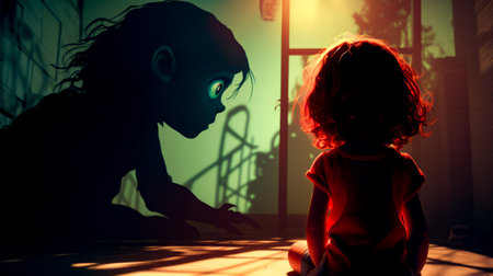 Little girl sitting on the floor in front of shadow of monkey. Generative AI.の素材