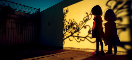 Little girl standing in front of wall with shadow of plant on it. Generative AI.の素材