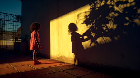 Little girl standing next to wall with shadow of plant on it. Generative AI.の素材