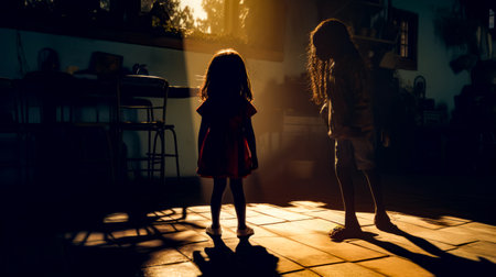 Little girl standing on tile floor next to person in kitchen. Generative AI.の素材