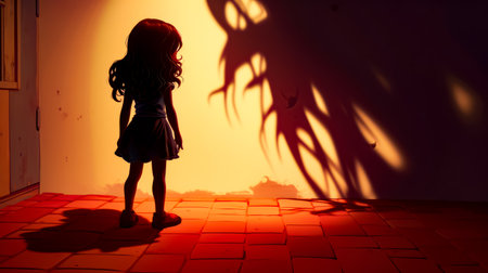 Little girl standing in front of shadow of demon on wall. Generative AI.の素材