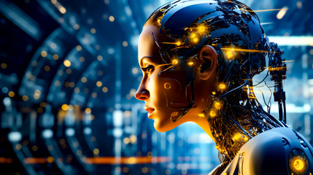 Woman's head with glowing lights in the shape of robot's head. Generative AI.の素材