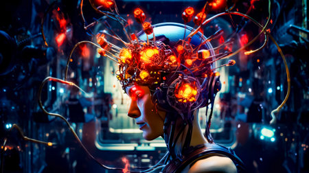 Woman's head with lot of wires and lights on it. Generative AI.の素材