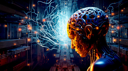 Computer generated image of human's head with wires coming out of it. Generative AI.の素材