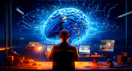 Man sitting in front of computer with brain on his head. Generative AI.の素材