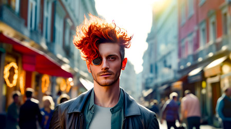 Man with red hair standing on street with city in the background. Generative AI.の素材