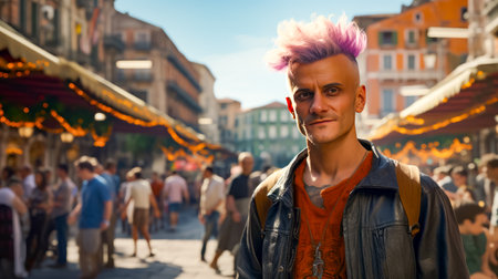 Man with pink hair standing in front of crowd of people on city street. Generative AI.の素材