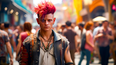 Man with red hair and piercings walking down busy city street. Generative AI.の素材