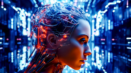 Woman's head is shown with lot of lights in the background. Generative AI.の素材