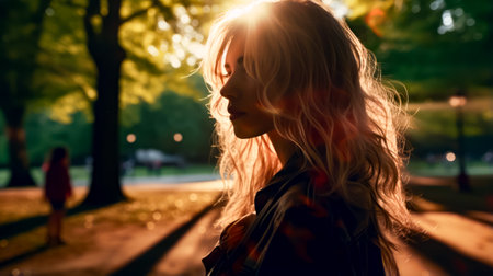 Woman with long blonde hair standing in front of tree at sunset. Generative AI.の素材
