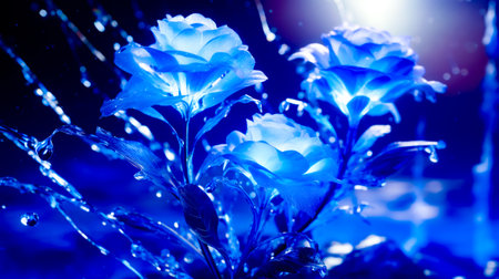 Close up of blue flower with water droplets on it's petals. Generative AI.の素材