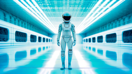 Man in white space suit standing in room with white walls. Generative AI.の素材