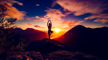 Woman standing on top of mountain with her arms in the air. Generative AI.の素材
