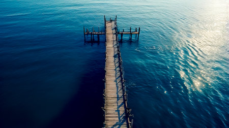 Long dock in the middle of body of water with boat in the distance. Generative AI.の素材