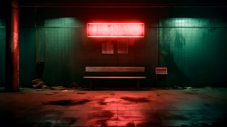 Bench in dark room with neon sign on the wall above it. Generative AI.の素材