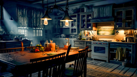 Kitchen with table, stove, and oven in the middle of it. Generative AI.の素材