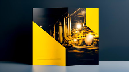 Yellow and black brochure with pipes and pipes in the background. Generative AI.の素材