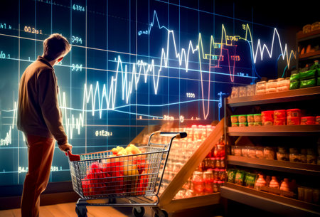 Man standing in front of shopping cart filled with fruit and vegetables. Generative AI.の素材
