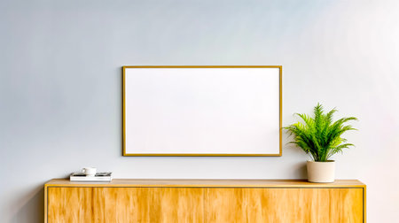 Picture hanging on wall above wooden cabinet with potted plant. Generative AI.の素材