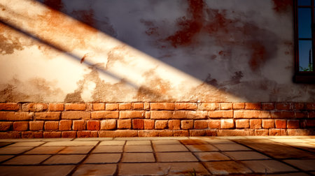 Brick wall with shadow of person walking on the sidewalk in front of it. Generative AI.の素材