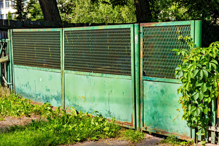 Green metal fence is next to tree with leaves.