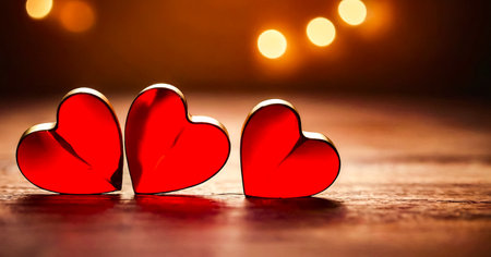 Couple of red hearts sitting on top of table next to each other. Generative AI.の素材