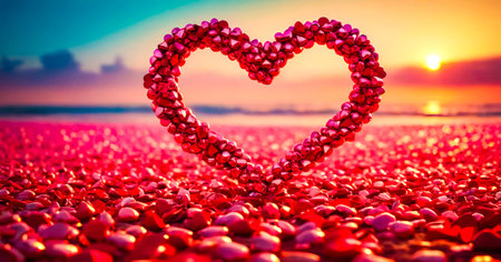 Heart made out of hearts in the middle of field of rocks. Generative AI.の素材