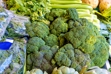 Pile of broccoli sitting on top of pile of garlic.の写真素材