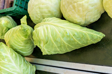 Pile of cabbages sitting on top of table next to other vegetables.の写真素材