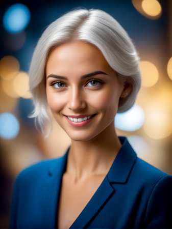 Woman with white hair and blue blazer smiles at the camera. Generative AI.の素材