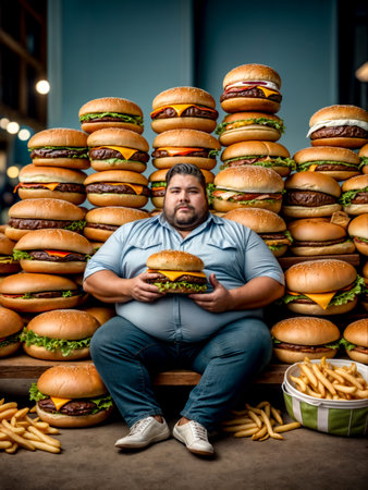 Man sitting in front of a pile of hamburgers and French fries. Generative AI.の素材