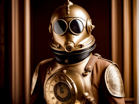 Man in gold suit with clock on it's chest. Generative AI.の素材