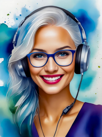 Digital painting of woman wearing headphones and blue dress and smiling. Generative AI.の素材
