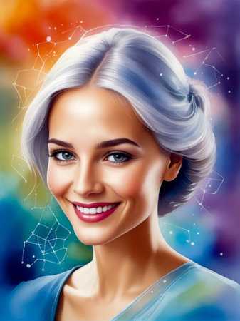 Painting of smiling woman with stars in the sky above her head. Generative AI.の素材