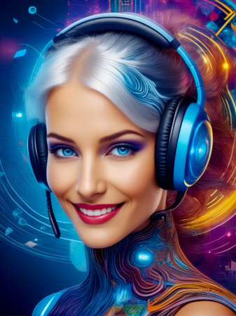Woman wearing headphones and smiling at the camera with blue background. Generative AI.の素材
