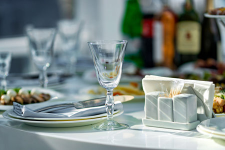 Close up of table with wine glass and silverware on it.の写真素材