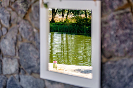 A blurred mirror painting on a stone wall with the reflection of the forest and water in the river.の写真素材
