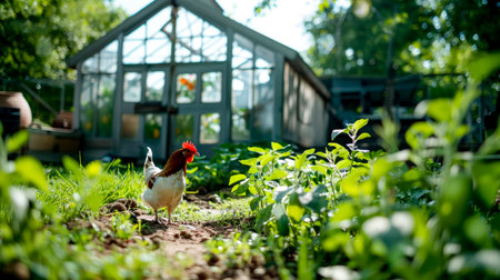 Couple of chickens standing on top of lush green grass covered field. Generative AI.の素材