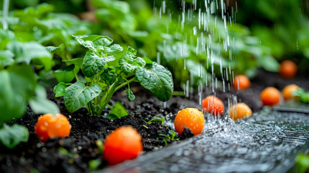 Close up of bunch of plants with water coming out of them. Generative AI.の素材